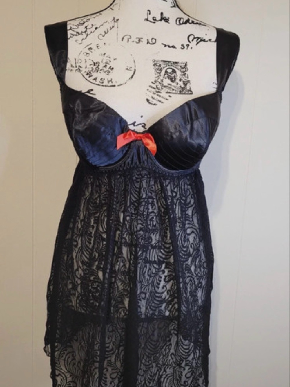 Cacique Black Lace Chemise with Red Bow Accent set